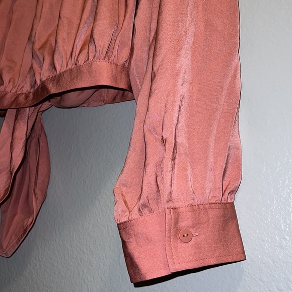 (L) EXPRESS Satin Tie Front Cropped Shirt - Picture 5 of 11